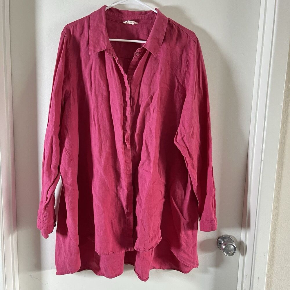 Eileen Fisher Shirt Womens 2XL Pink 100% Organic Linen Button Front Long Sleeve